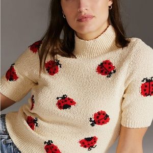 Anthropologie Maeve Lady Bug Print Sweater Puff Sleeve Sweater Tee